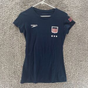 Speedo Shirt Womens Large Blue USA Swimming Kate Ziegler Cotton Casual Logo Crew
